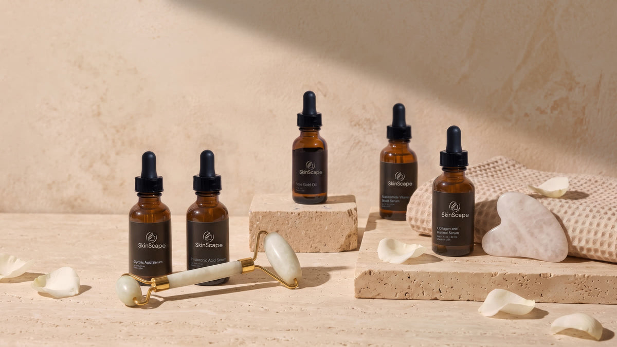 SkinScape skincare products arranged on a neutral stone surface